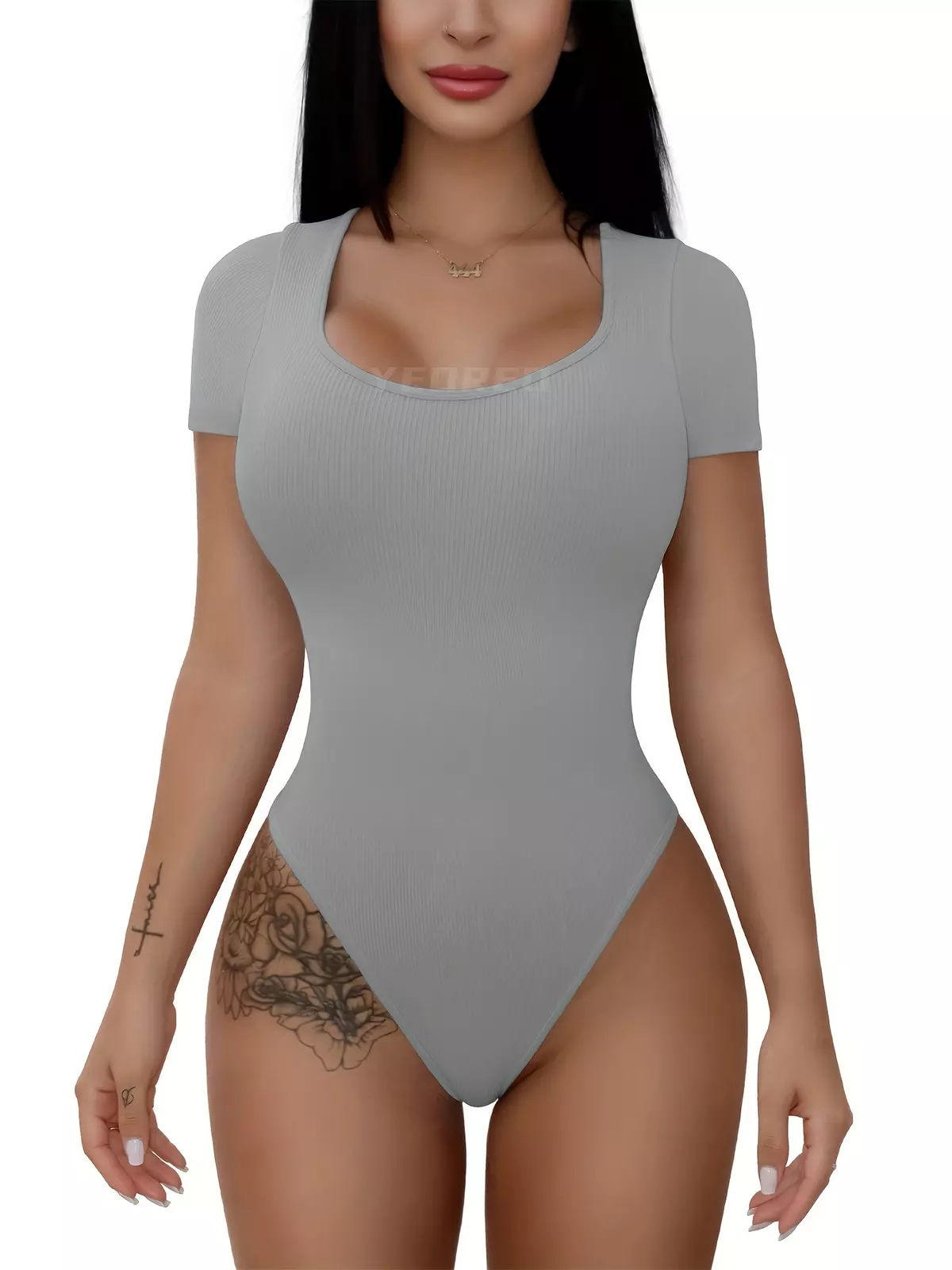 Rubi Women Ribbed Seamless Short Sleeve Bodysuit Square Neck Adjustable Jumpsuit Workout Tank Tops-Light Blue