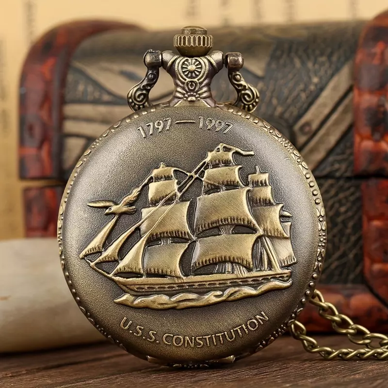 Vintage Bronze Sailboat Quartz Pocket Watch Necklace Pendant Men's Pocket Watch-Bronze
