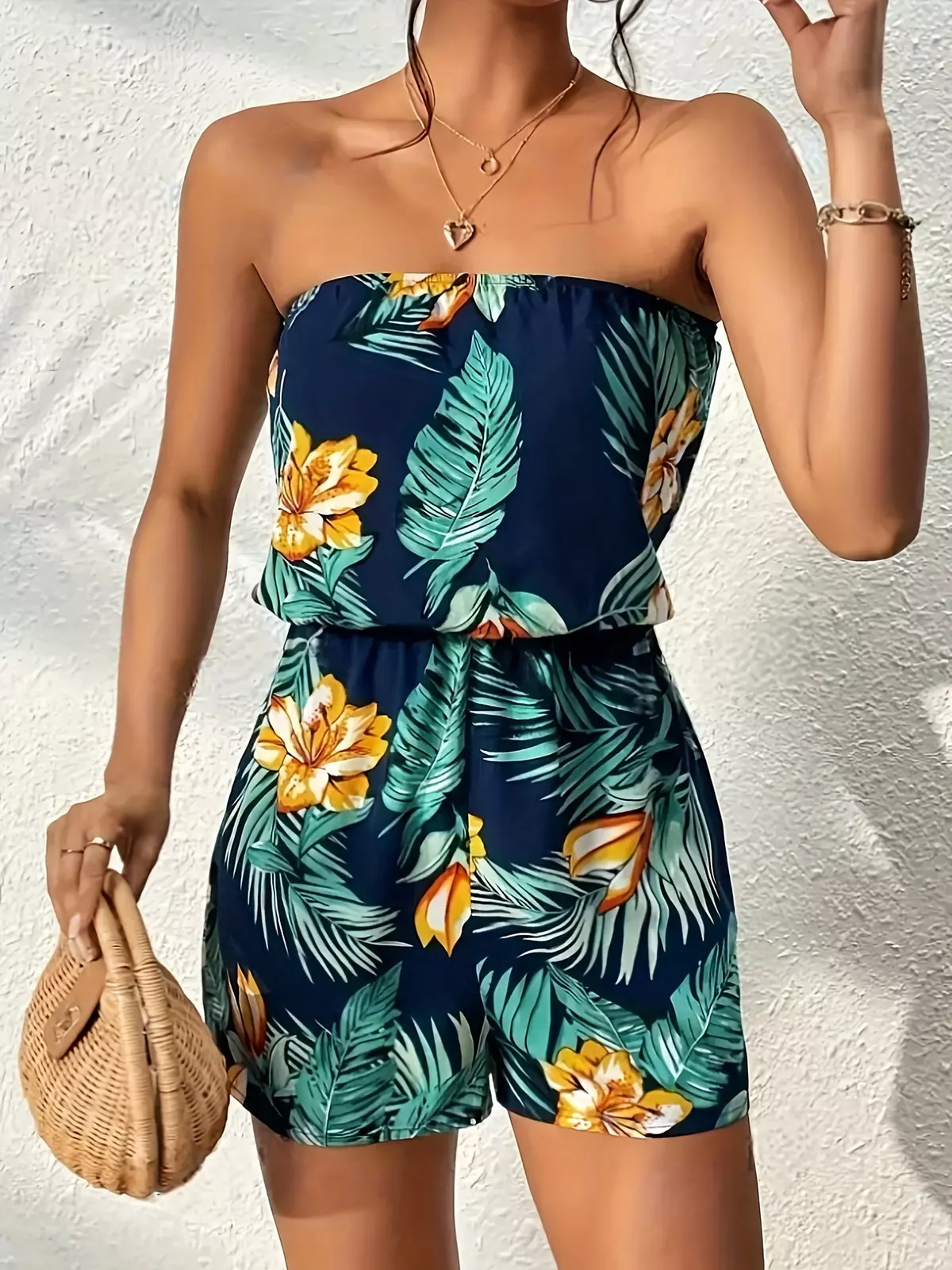 Tropical Print Tube Romper, Vacation Style Strapless Jumpsuit For Spring & Summer, Women's Clothing