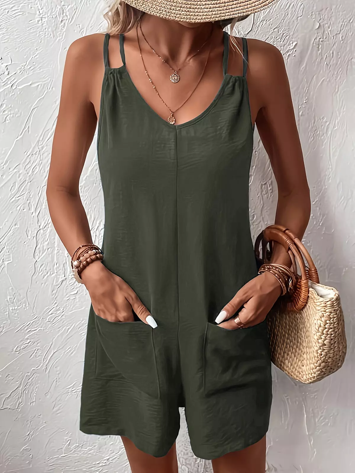 Solid Dual Pocket Tank Overalls, Casual Sleeveless V-neck Romper Jumpsuit, Women's Clothing