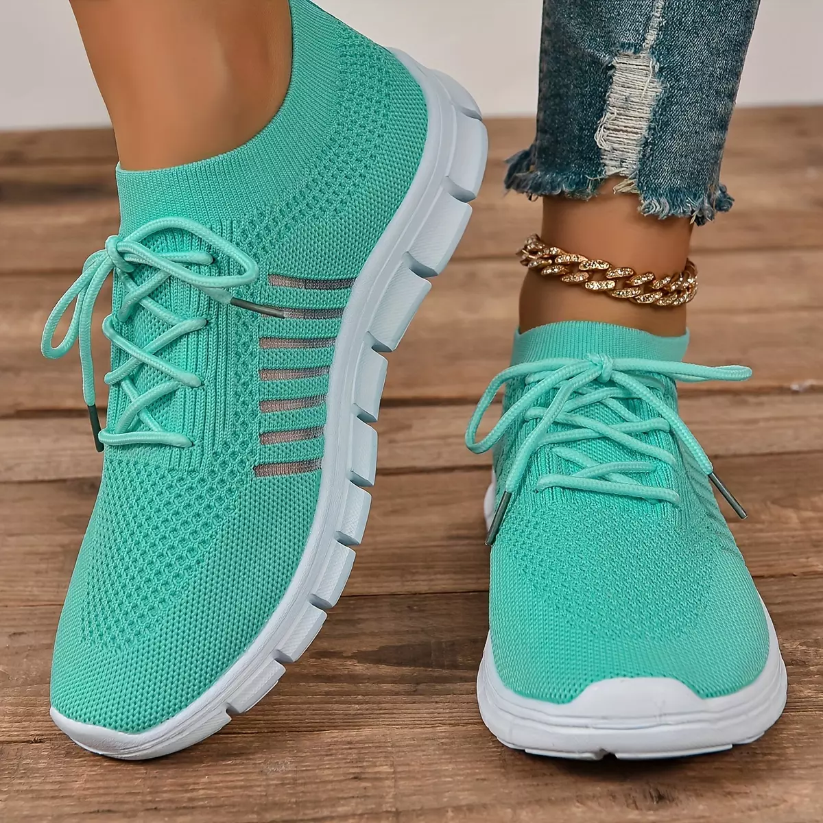 Lightweight Women's Knitted Sneakers - Comfy Breathable Lace-Up Design, Versatile Flat Running Trainers for Outdoor & Gym-Cyan