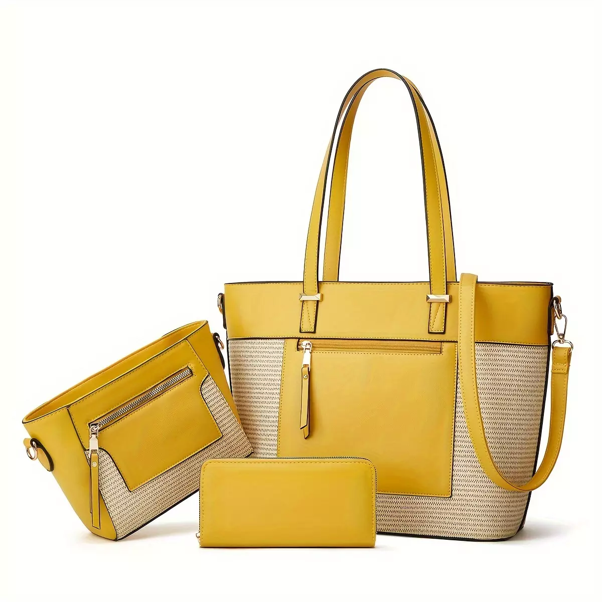 Classic Colorblock Bag Set, Textured Tote Shoulder Bag, With Square Shoulder Bag With Zipper Carry All Pouch-Brown
