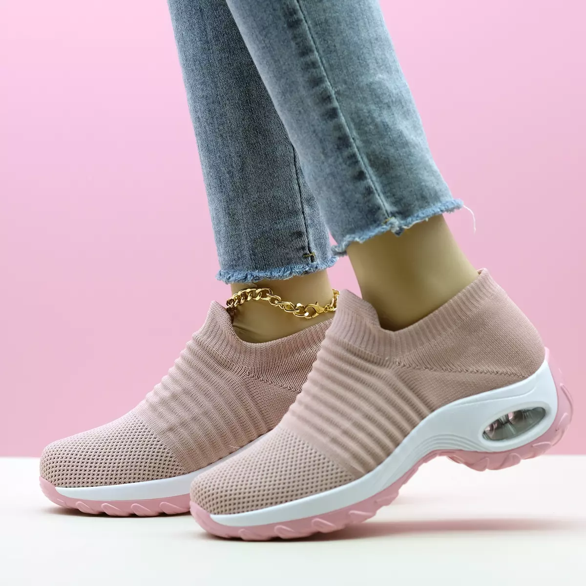 Ultra-Comfort Women's Knit Sneakers | Easy Slip-On Design, Air Cushion Support | Breathable & Stylish Low Top Shoes for Everyday Wear-Yellow