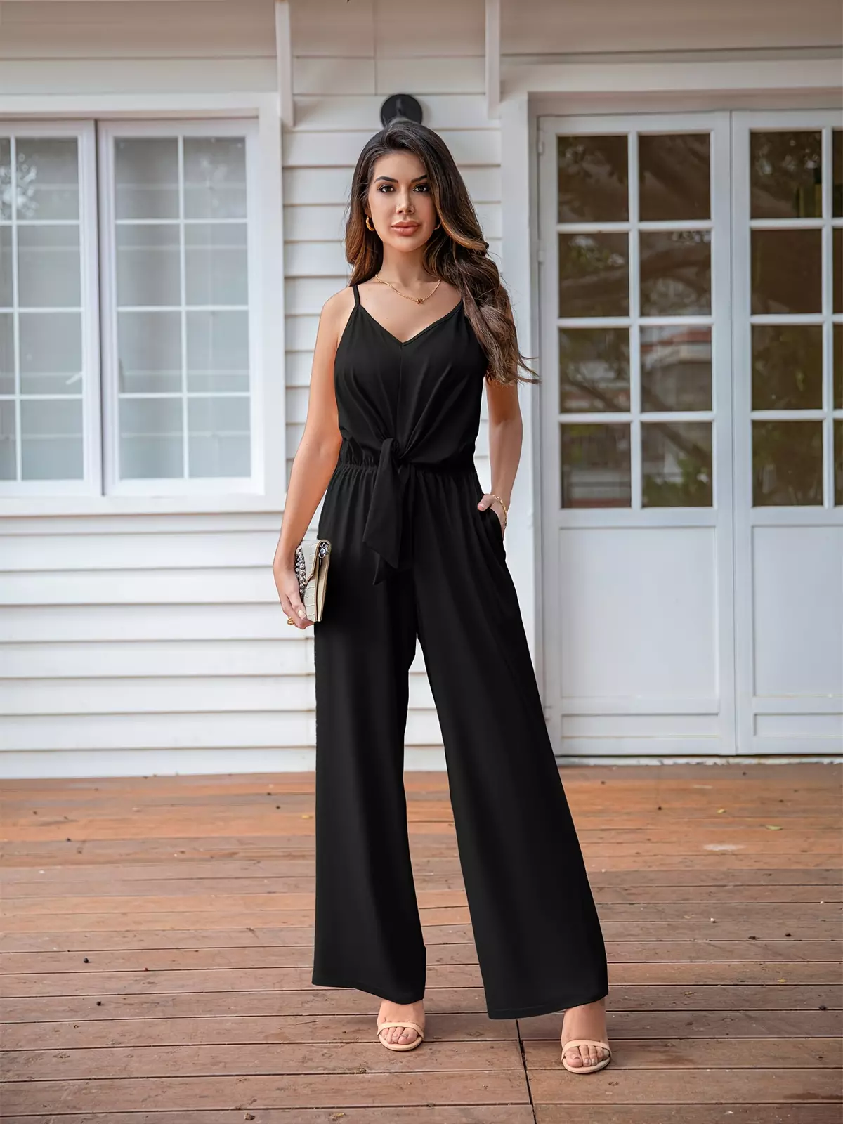 Solid Color Tie Front Wide Leg Jumpsuit, Elegant V Neck Sleeveless Cami Jumpsuit, Women's Clothing