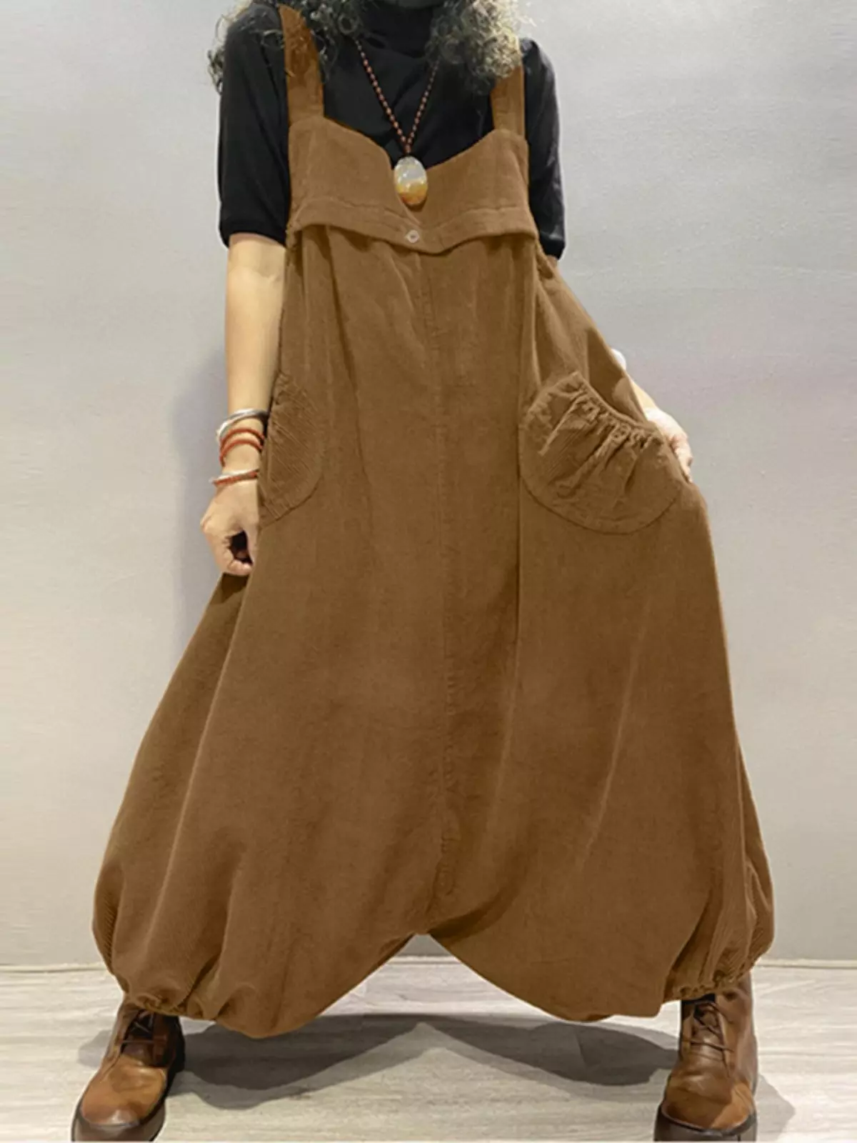 Solid Color Harem Overall Jumpsuit, Casual Drop Crotch Pockets Overall Jumpsuit For Spring & Summer, Women's Clothing-Light Brown