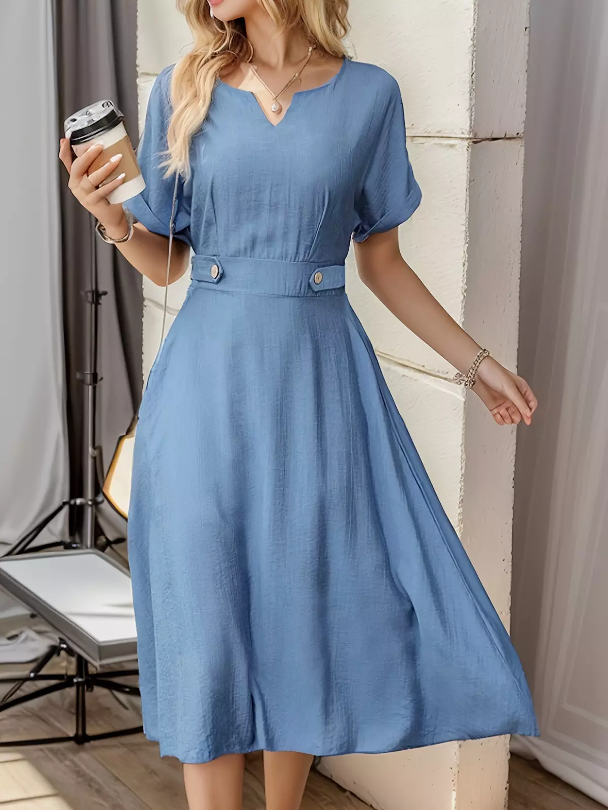 Button Decor Notched Neck Dress, Casual Short Sleeve Dress For Spring & Summer, Women's Clothing-Blue