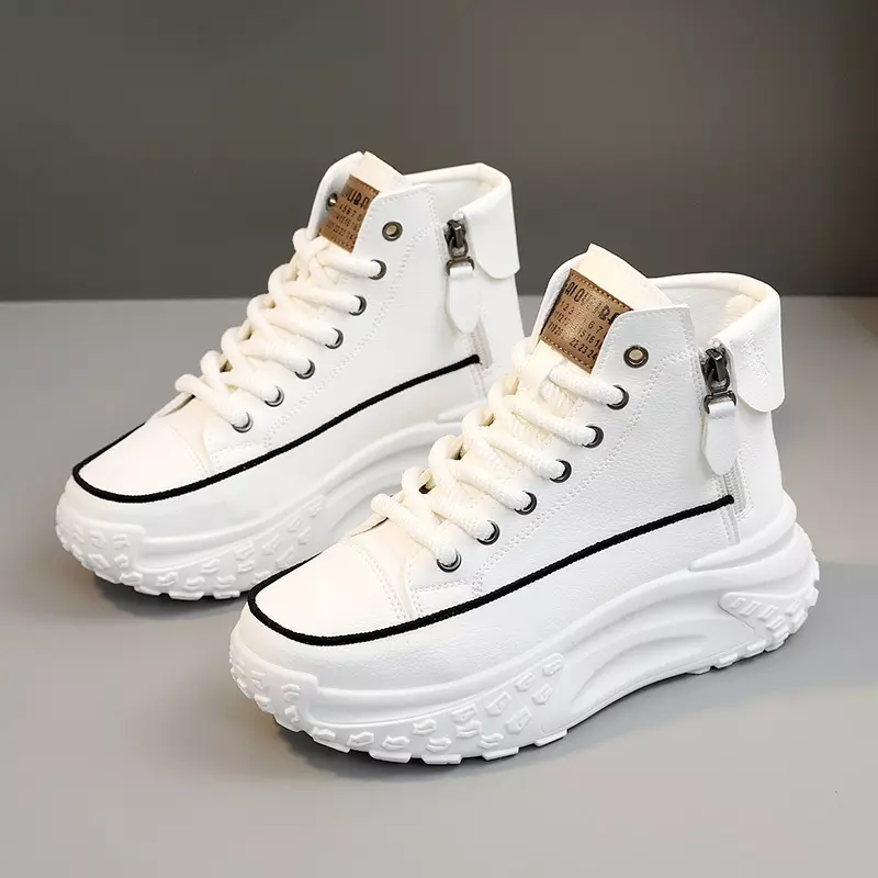Women's Platform High Top Sneakers, Side Zipper Design Lace Up Heightening Sports Shoes, Trendy Casual Comfy Outdoor Skate Shoes-Khaki