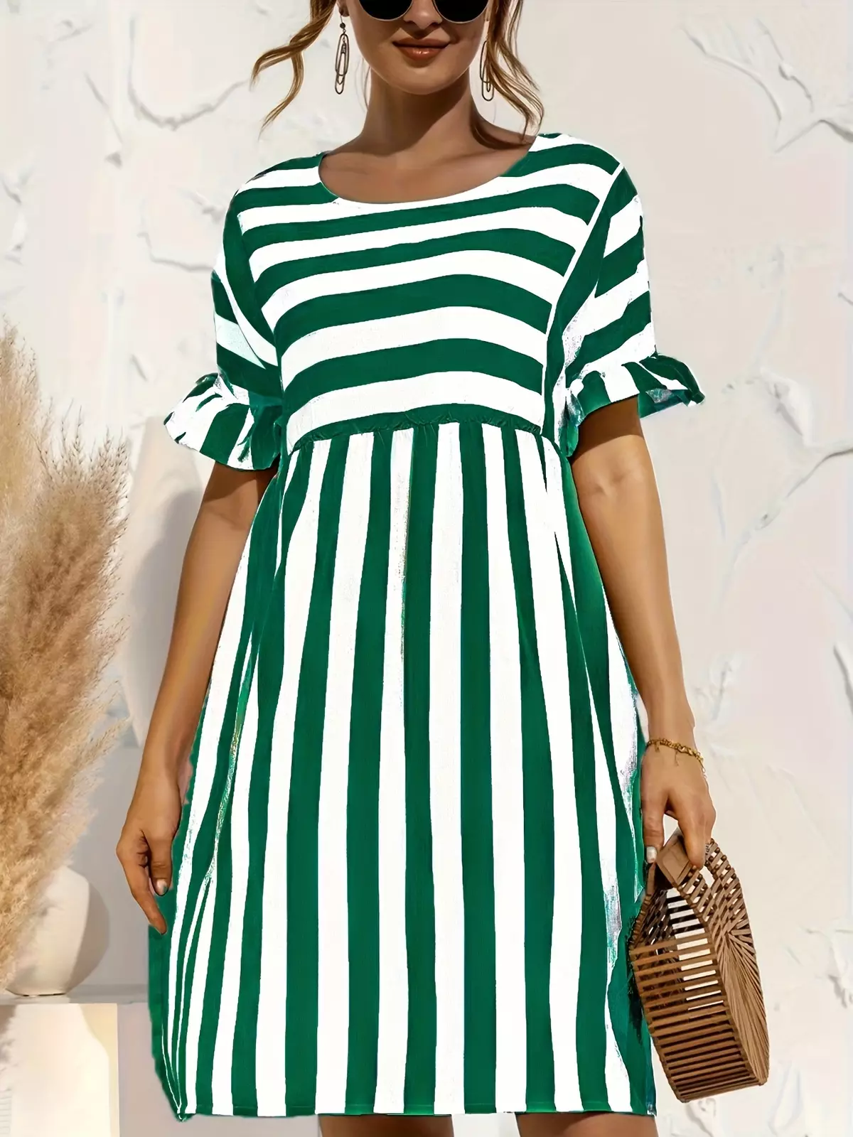 Short Sleeve Beach Dress, Crew Neck Vacation Casual Dress For Summer & Spring, Women's Clothing-Green