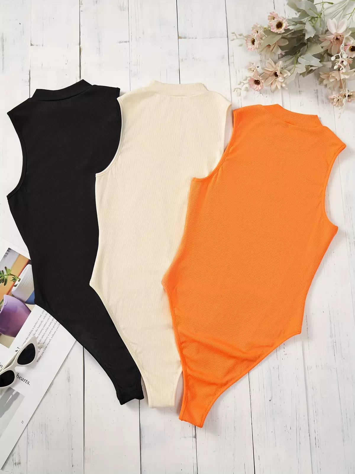 Solid Zip Bodysuit 3 Pack, Casual Crew Neck Sleeveless Bodysuit, Women's Clothing