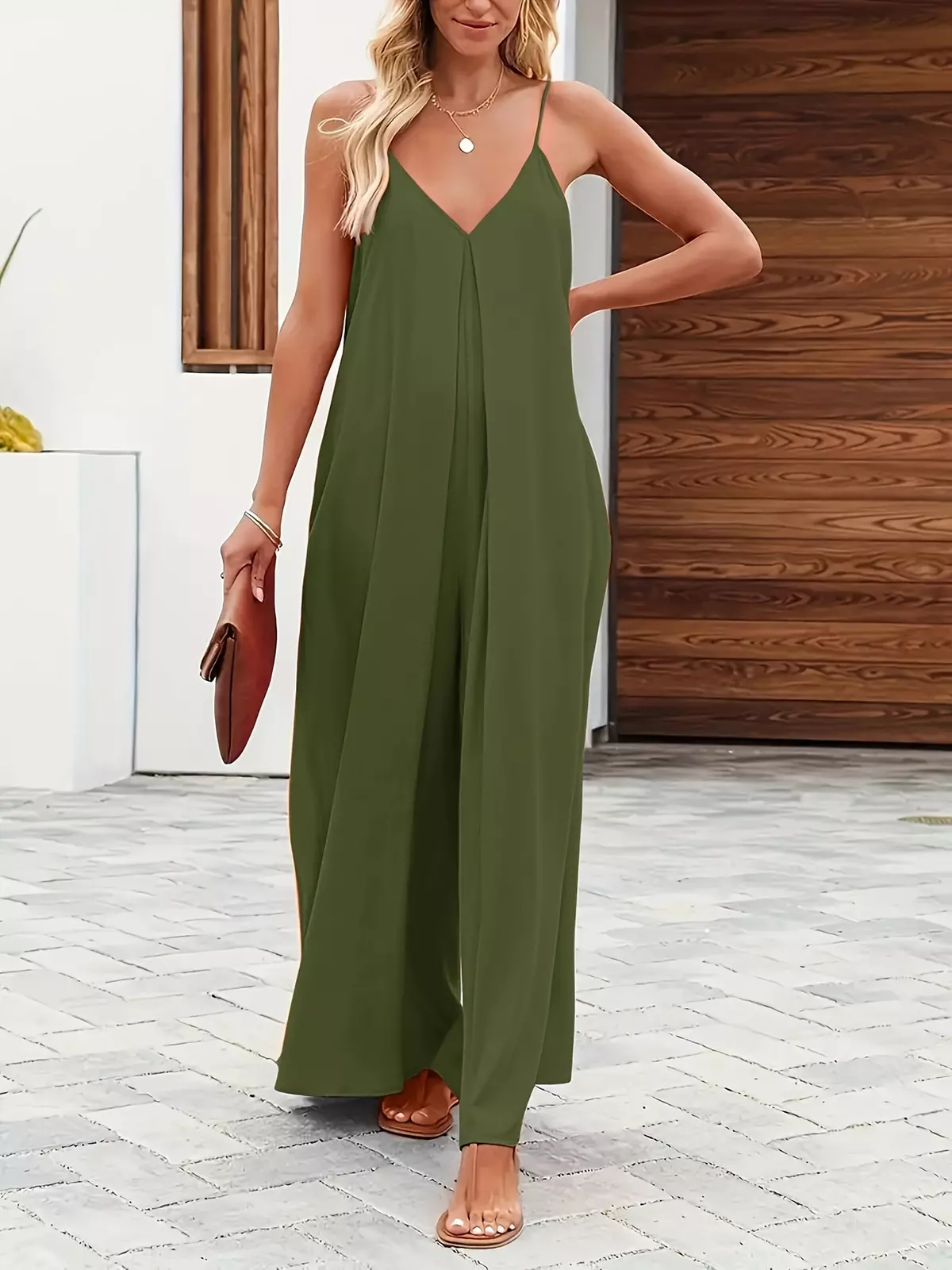 Solid V-neck Tie Back Jumpsuit, Casual Sleeveless Pockets Jumpsuit For Spring & Summer, Women's Clothing-Purple