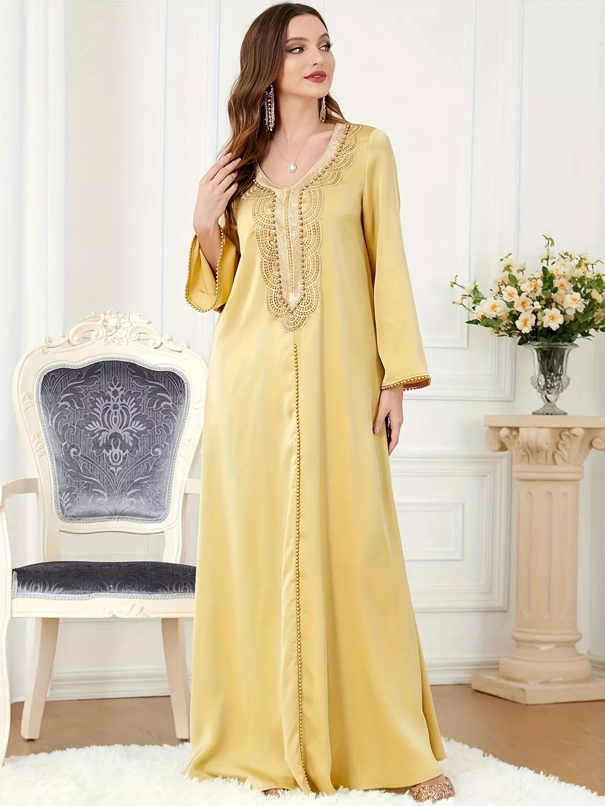 Ramadan Solid Beaded Long Sleeve Kaftan Abayas, Elegant V Neck Maxi Length Dress, Women's Clothing