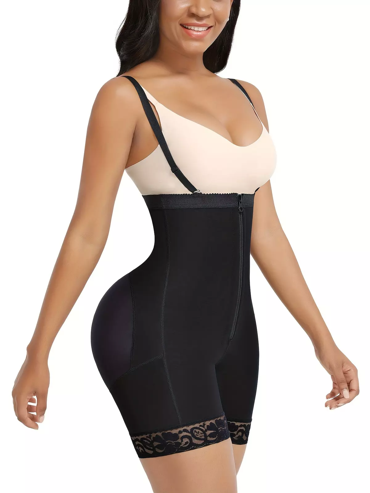 Women's Adjustable Tummy Control Full Body Shapewear Bodysuit With Zipper Closure And Lace Accents-Light Beige