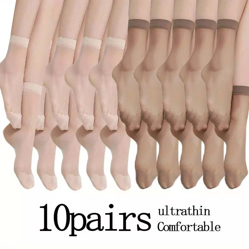 10 Pairs Semi-sheer Solid Socks, Ultra-thin & Breathable Short Socks, Women's Stockings & Hosiery-20 Pairs: Black