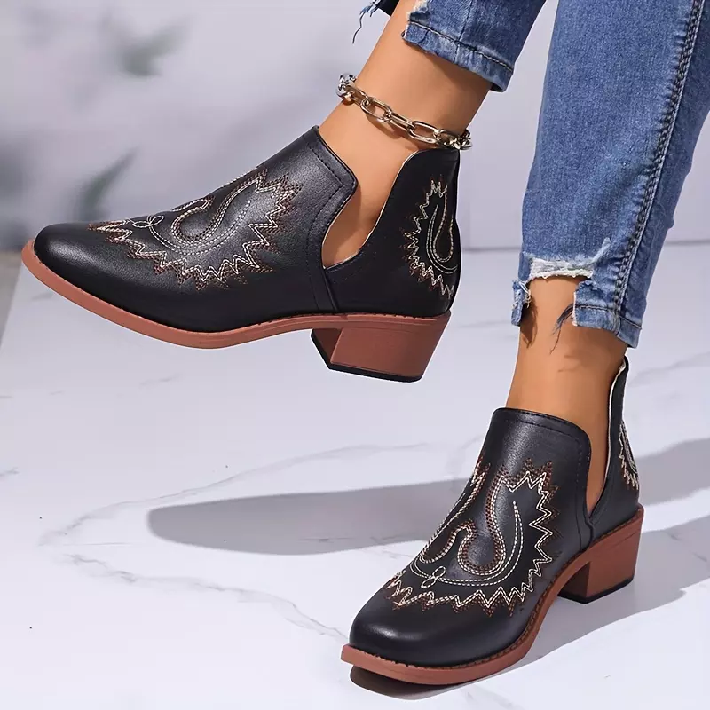 Women's Cowboy Ankle Boots, Embroidery V-cut Slip On Western Boots, Retro Chunky Low Heeled Short Boots-Apricot