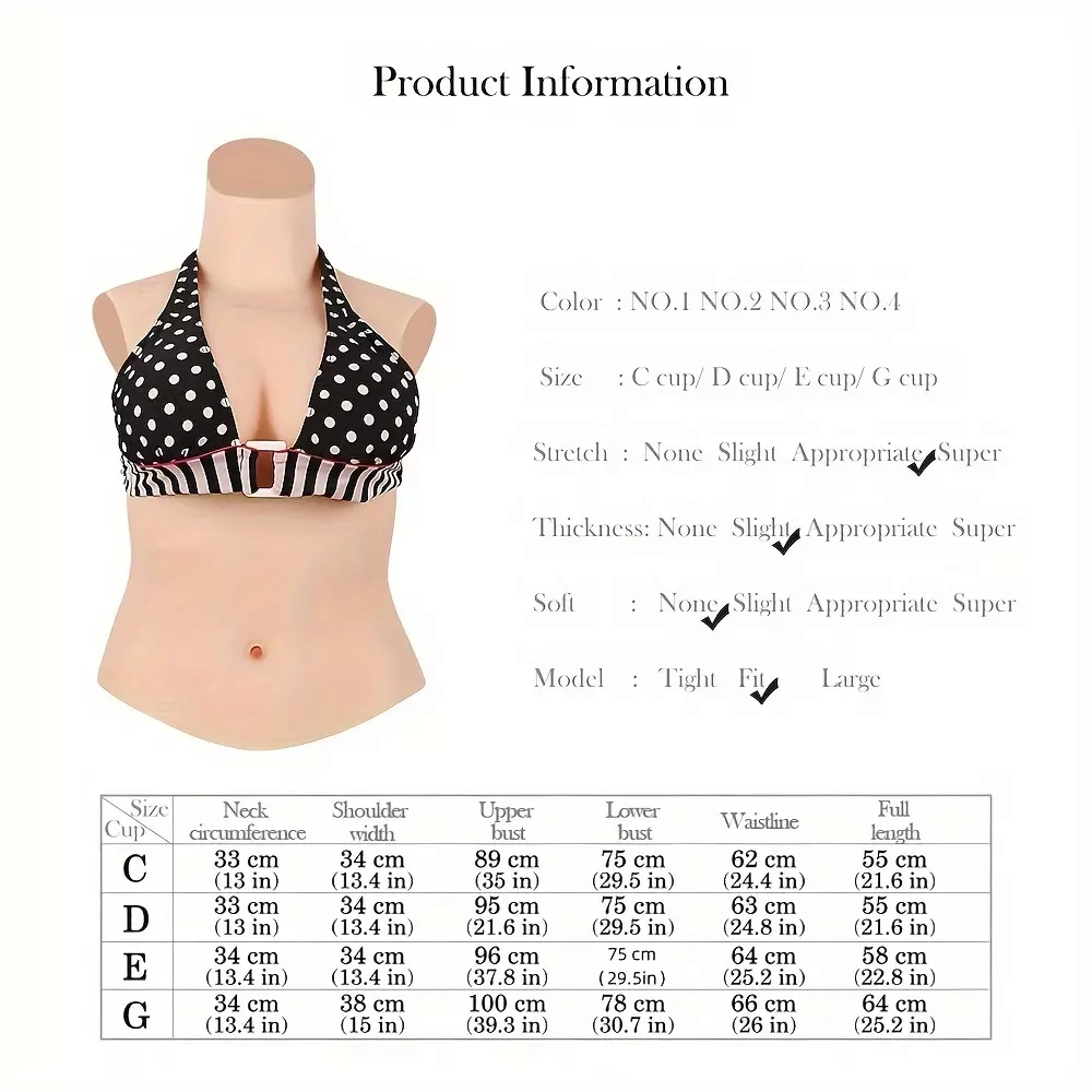 CUAIBB Fake Boobs Silicone Breasts Forms Articifial Fake Chest Half Bodysuit for Transgender Crossdressing Shemale Mastectomy-Color 1