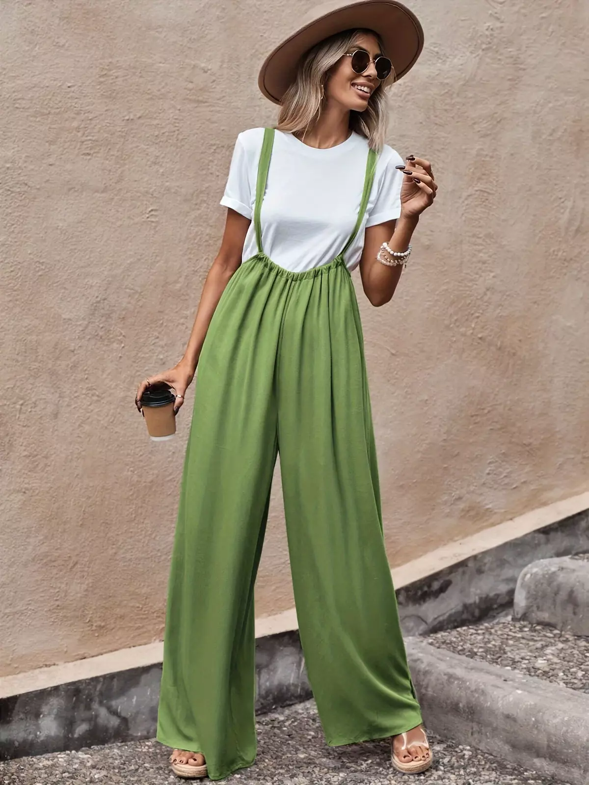 Tie Waist Overall Jumpsuit, Casual Wide Leg Overall Jumpsuit For Spring & Summer, Women's Clothing