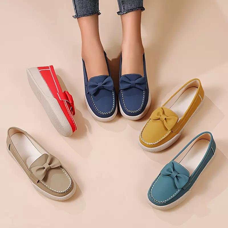 Women's Bowknot Flat Loafers, Solid Color Round Toe Faux Leather Shoes, Comfy Slip On Flats-Khaki