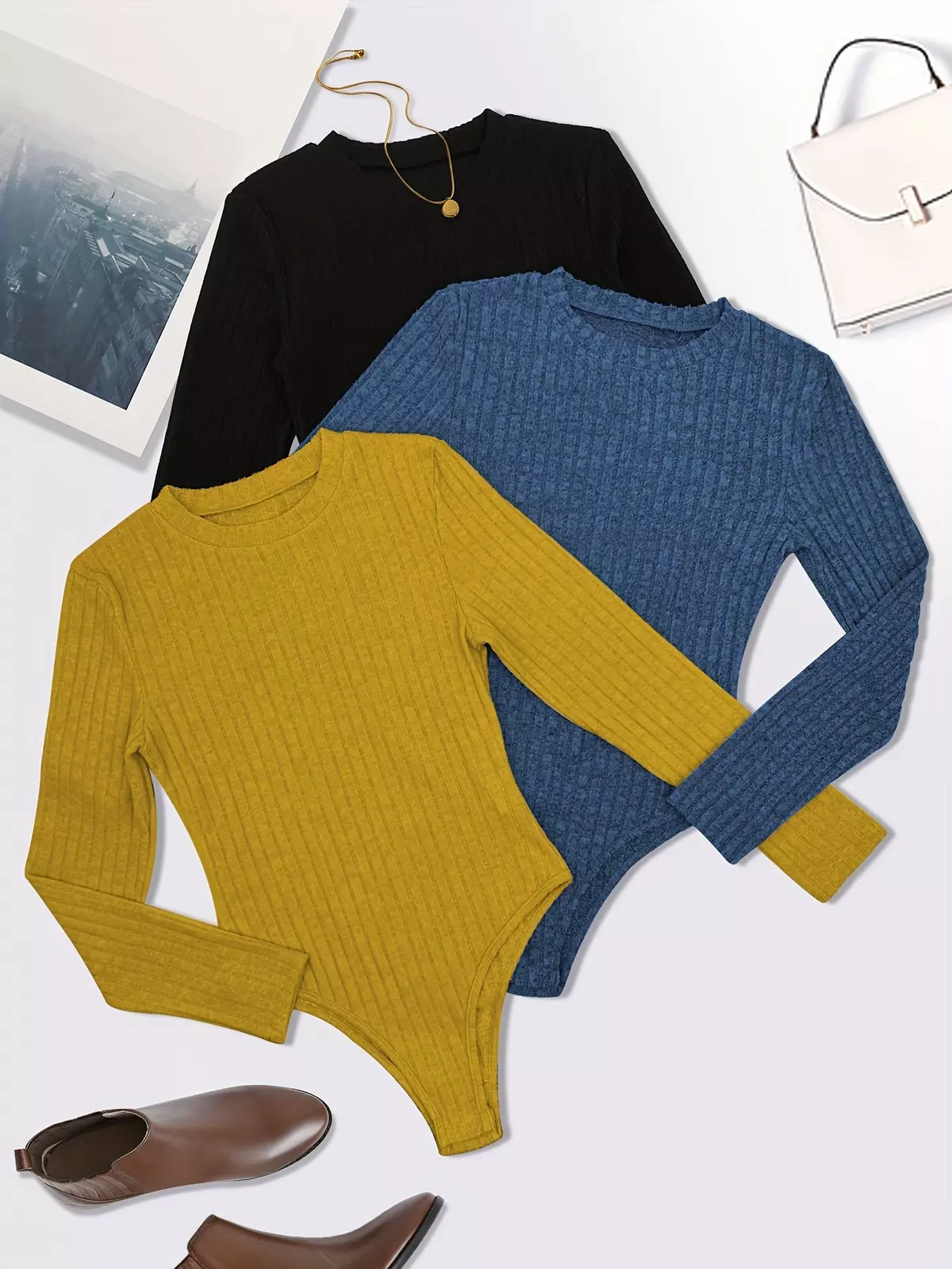 Multi-Season Women's Rib Knit Bodysuit 3-Pack: Casual Crew Neck, Comfort Stretch, Easy Care-Yellow+blue+black