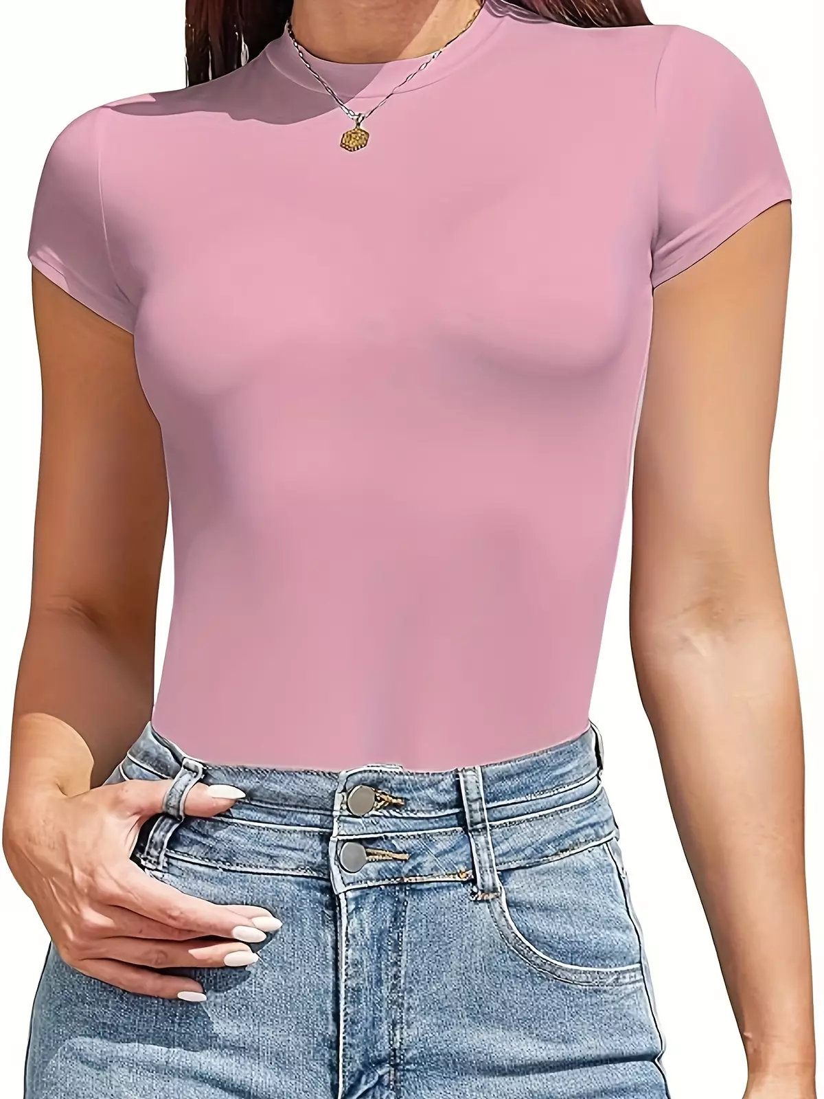 Solid Crew Neck Bodysuit 3 Pack, Casual Short Sleeve Slim Bodysuit, Women's Clothing-Black+Khaki+Dark Grey
