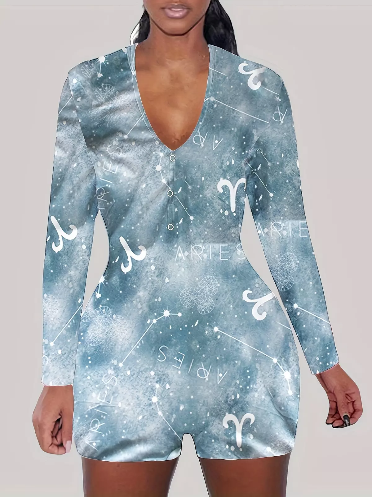 Pattern Print Lounge Jumpsuit, Casual V Neck Long Sleeve Buttons Jumpsuit, Women's Loungewear & Sleepwear-Yellow