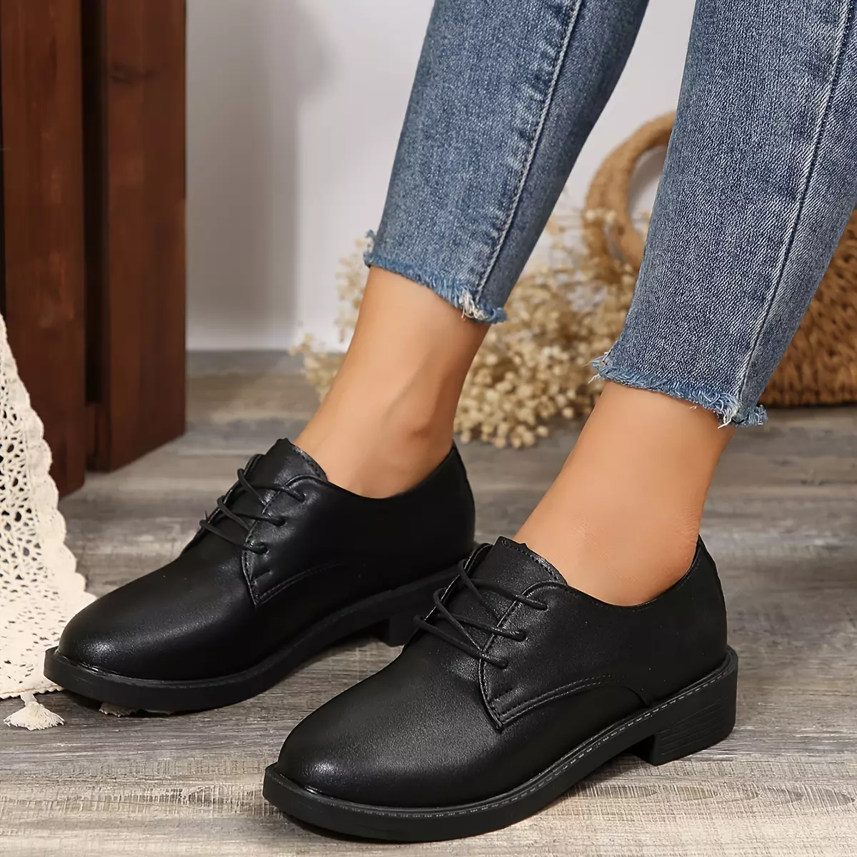 Women's Lace Up Oxfords, All-Match Faux Leather Chunky Low Heeled Shoes, Casual Black Oxfords