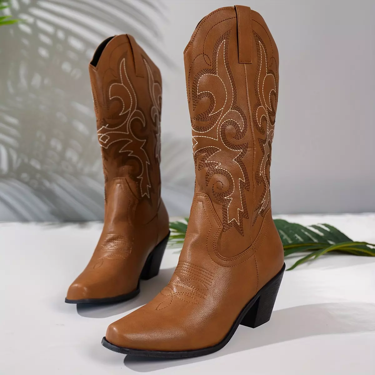 Women's Chunky Heel Boots, Fashion Slip On Mid Calf Boots, Comfortable Faux Leather Boots-Light Brown