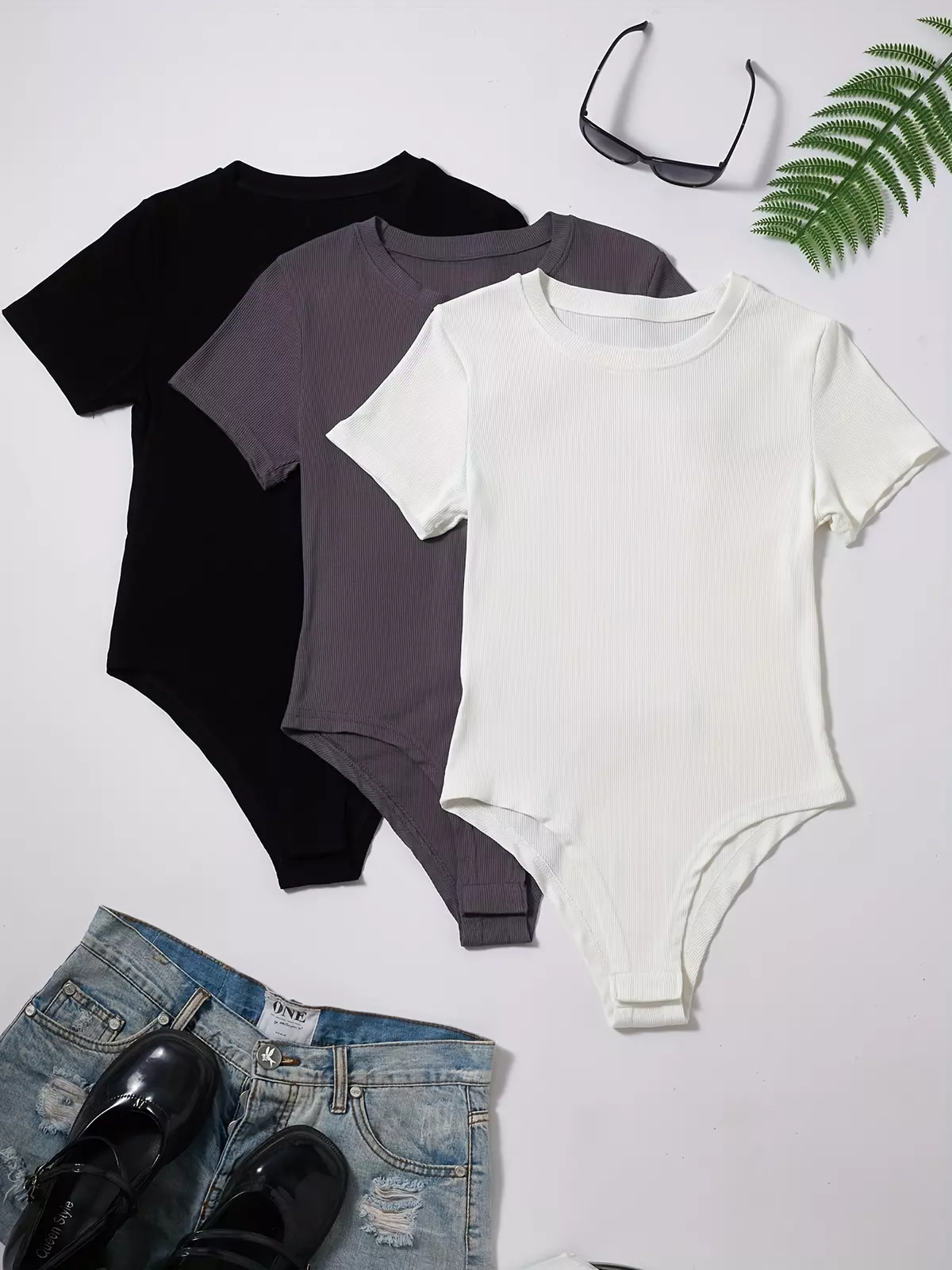 3pcs Solid Color Ribbed Yoga Bodysuit, Short Sleeves Slim Fit Jumpsuit, Women's Activewear