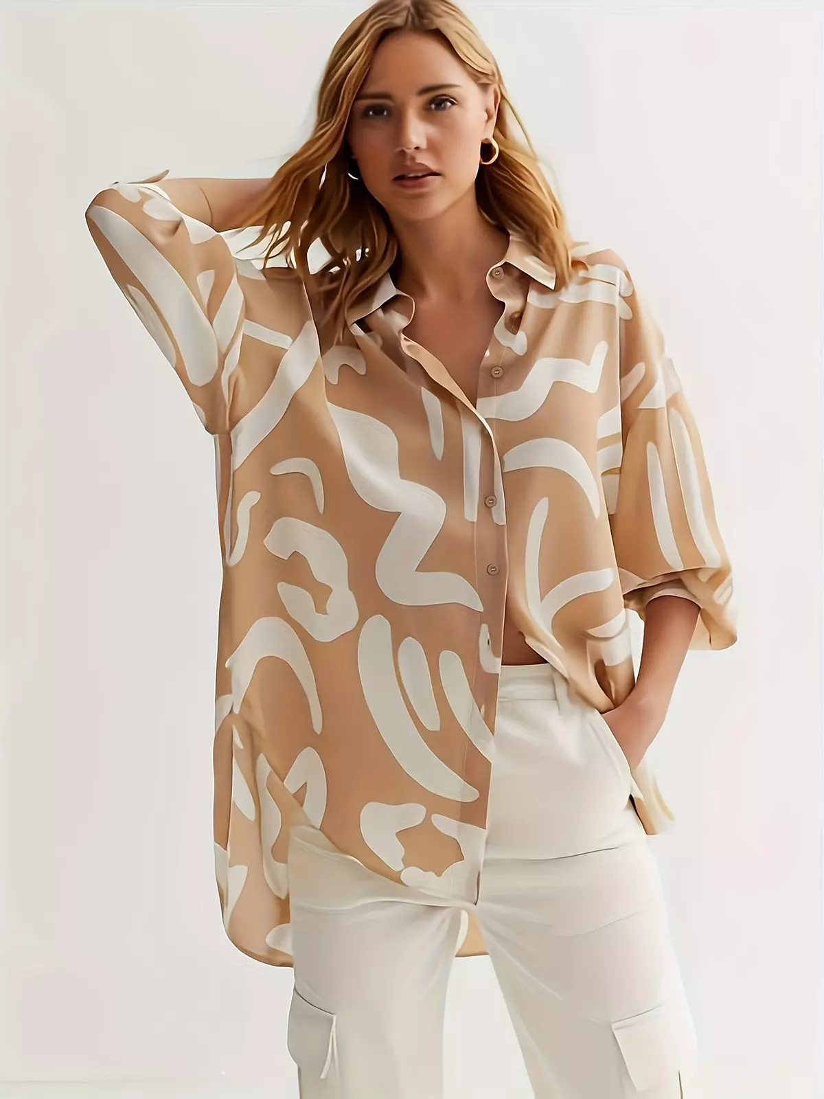 Plus Size Casual Blouse, Women's Plus Graffiti Print Button Up Lantern Sleeve Turn Down Collar Blouse
