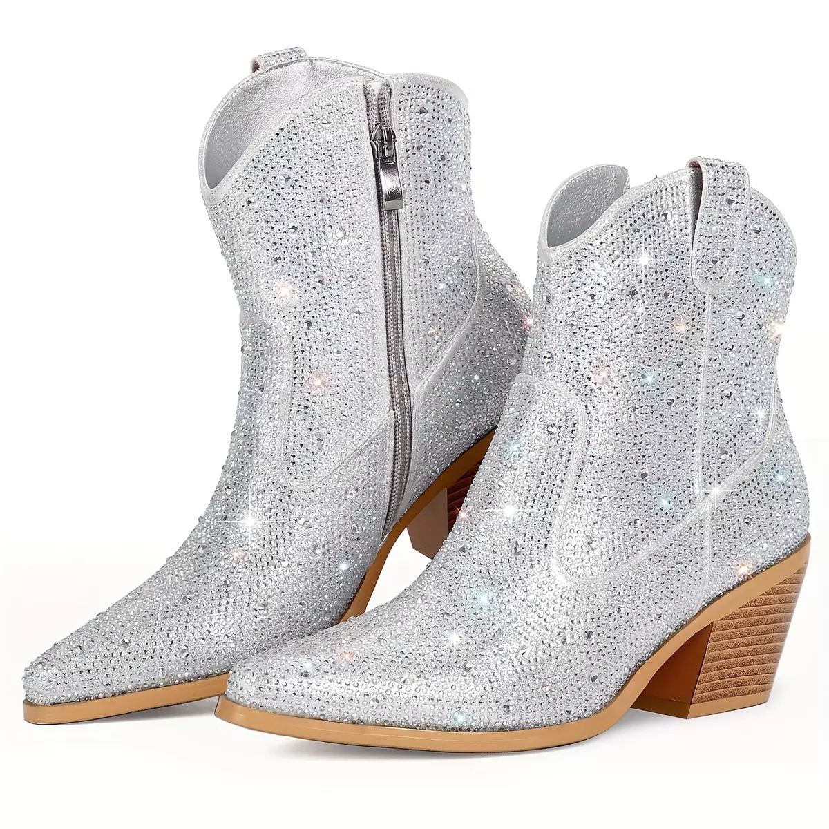 Women's Rhinestone Decor Boots, Rhinestone Western Cowboy Boots, Chunky Heel Ankle Boots
