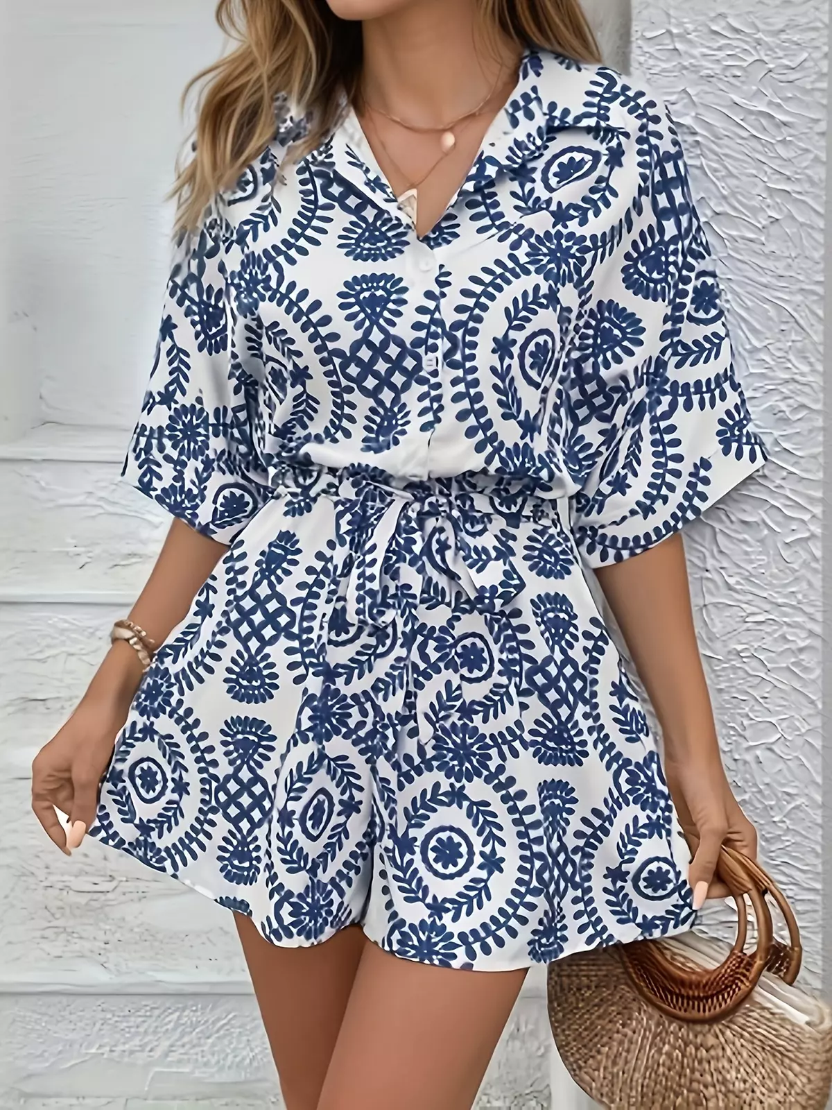 Tribal Print Button Front Romper Jumpsuit, Casual Short Sleeve Lapel Romper Jumpsuit, Women's Clothing