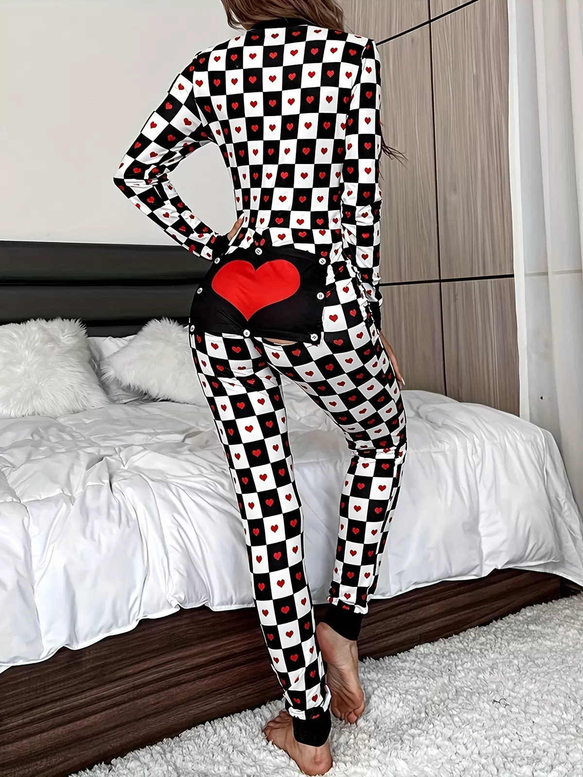 Heart & Letter Print Pajama Jumpsuit, Sexy Long Sleeve Buttons V Neck Slim Fit Jumpsuit, Women's Sleepwear