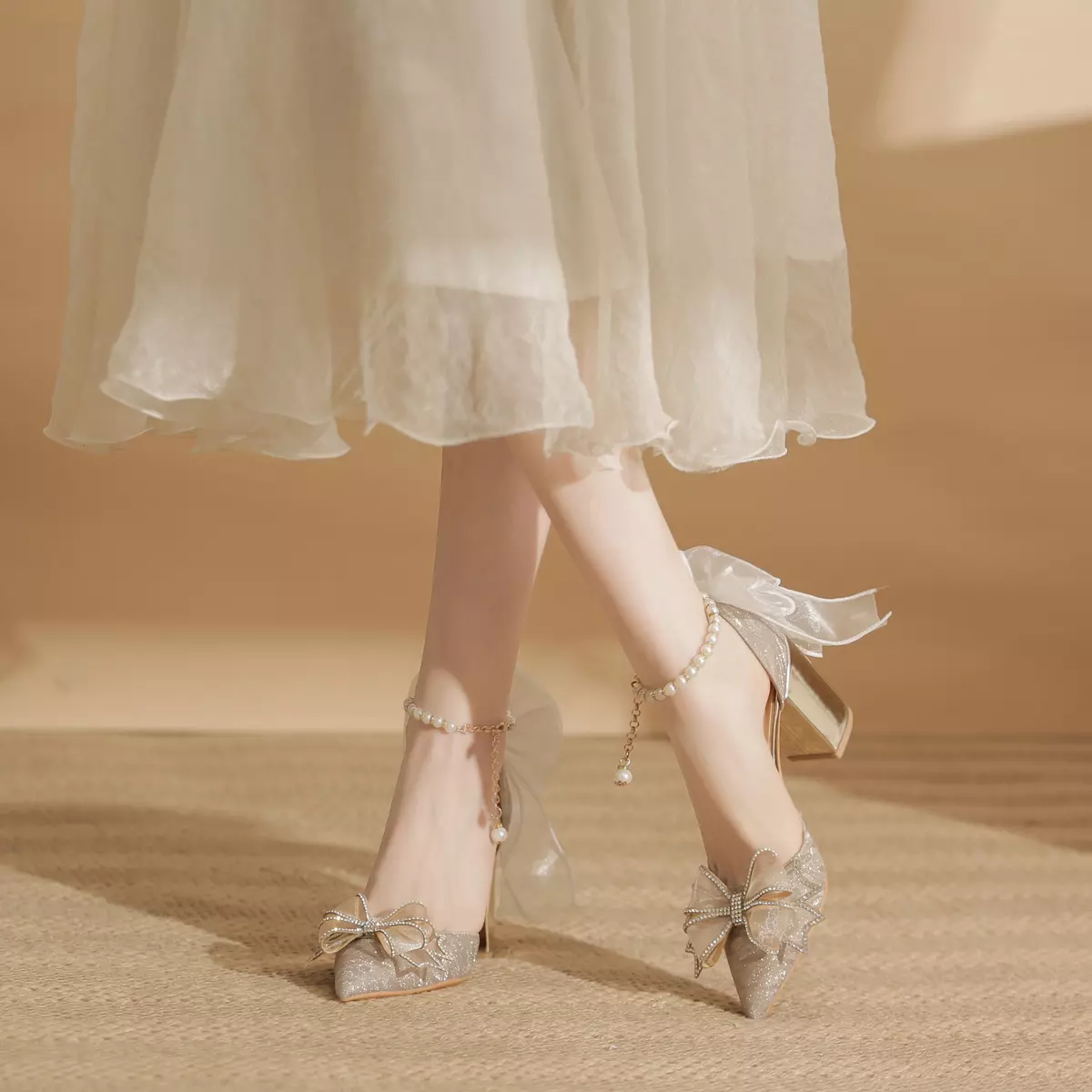 Women's Bowknot Decor Block Heels, Elegant Point Toe Dress Pumps, Fashion Faux Pearl Design Heels-Golden