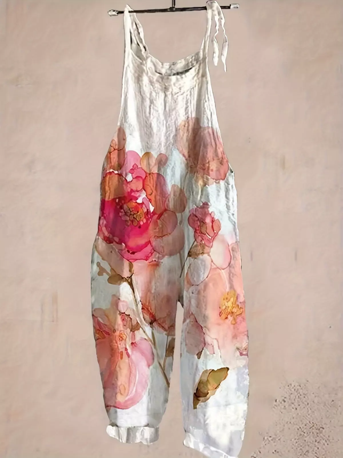 Floral Print Tied Strap Overall Jumpsuit, Vacation Sleeveless Loose Overall Jumpsuit For Spring & Summer, Women's Clothing