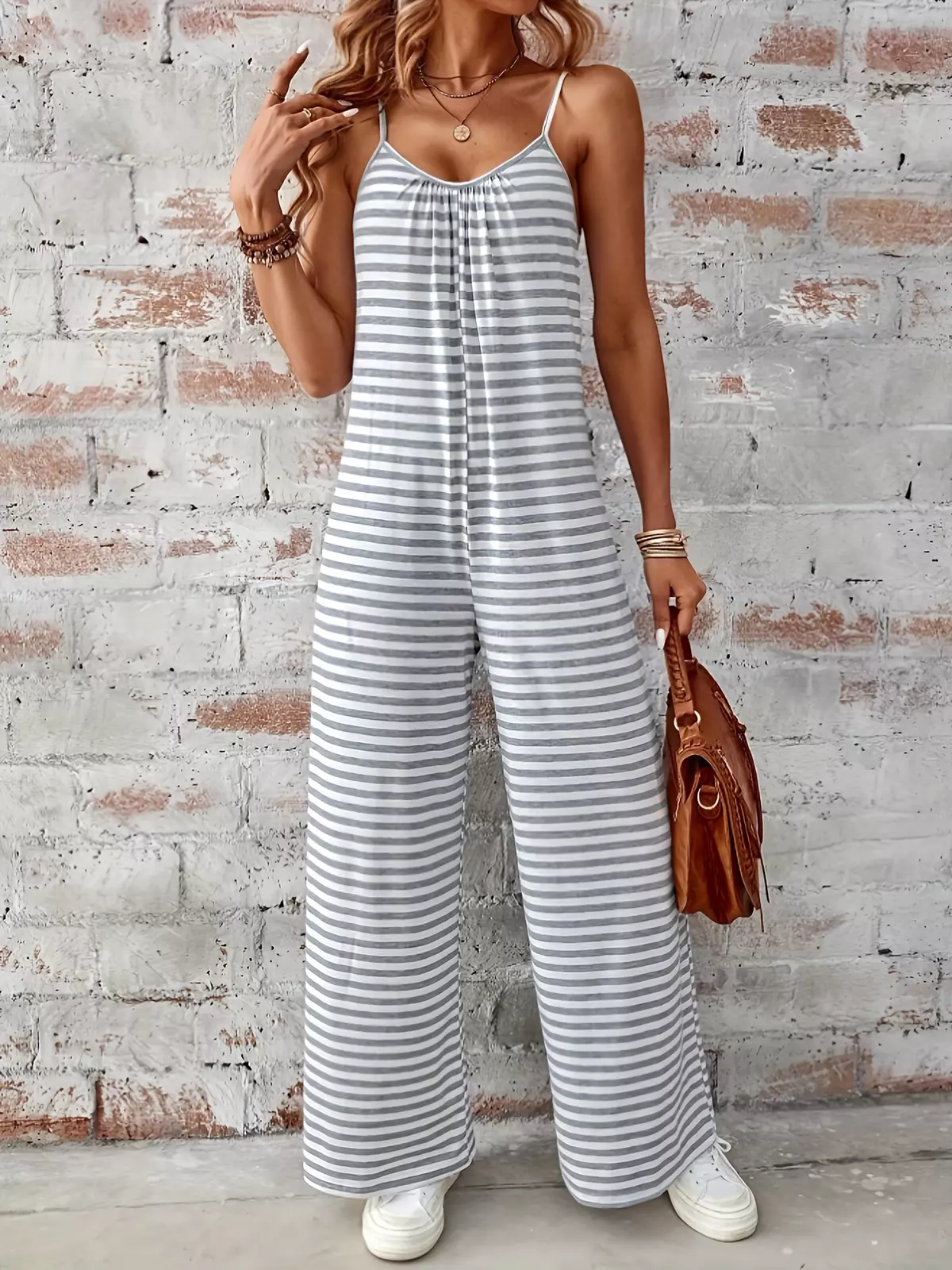 Striped Print Scoop Neck Jumpsuit, Casual Backless Ruched Spaghetti Strap Wide Leg Cami Jumpsuit, Women's Clothing