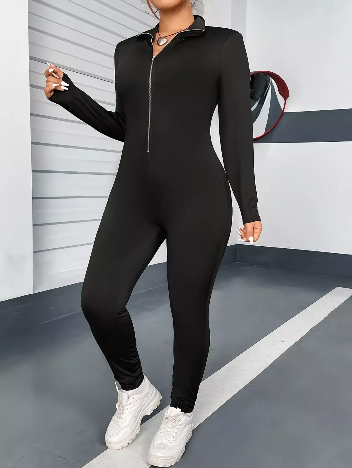 Plus Size Zip Front Jumpsuit, Casual Long Sleeve Solid Jumpsuit, Women's Plus Size Clothing-Lead Color
