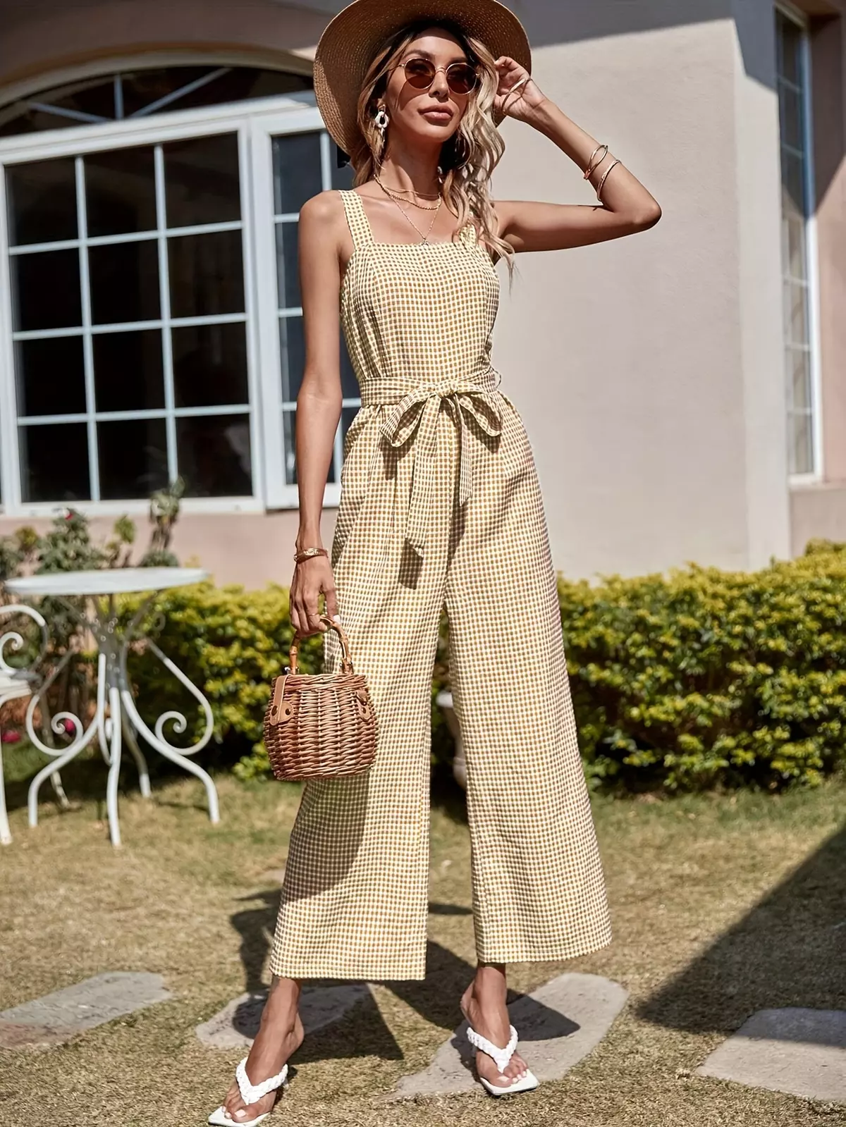 Plaid Pattern Belted Wide Leg Jumpsuit, Elegant Backless Tank Jumpsuit For Spring & Summer, Women's Clothing