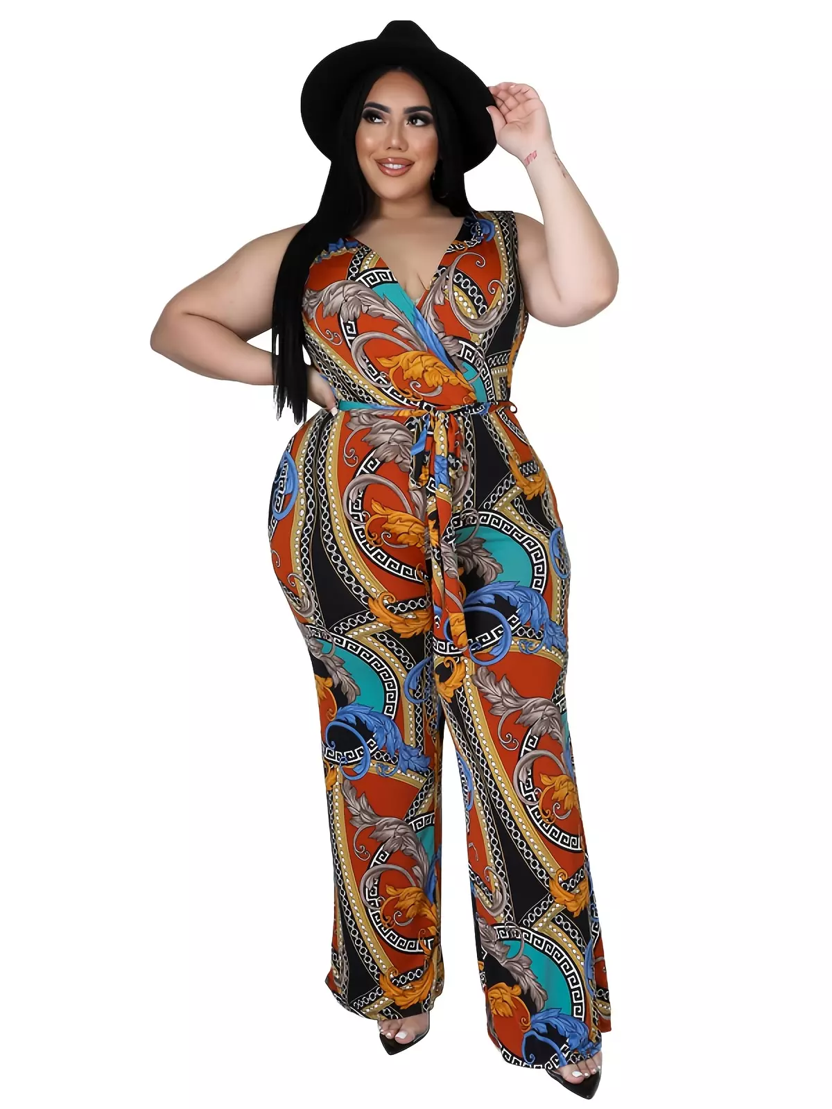 Plus Size Random Print Jumpsuit, Women's Plus Deep V Neck Sleeveless Casual Jumpsuit