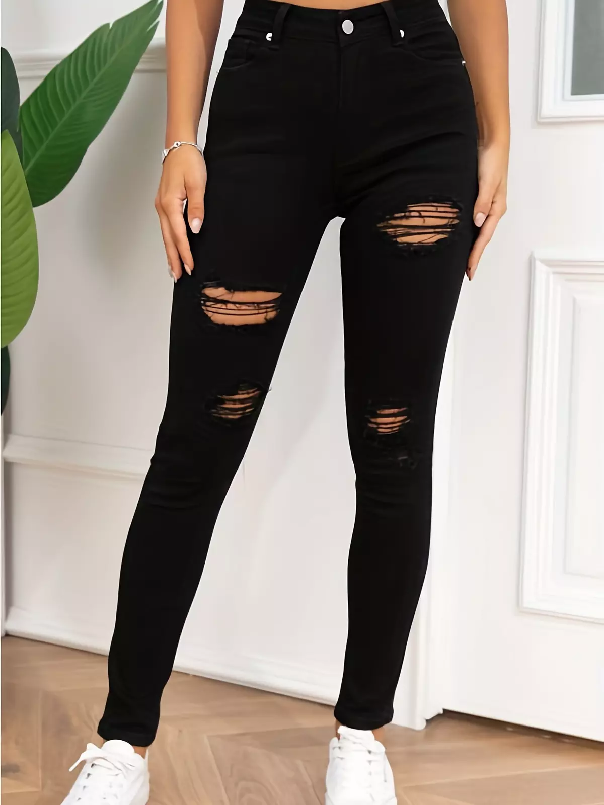 Ripped High Rise Skinny Jeans, Black High Strech Casual Denim Pants, Women's Denim Jeans & Clothing