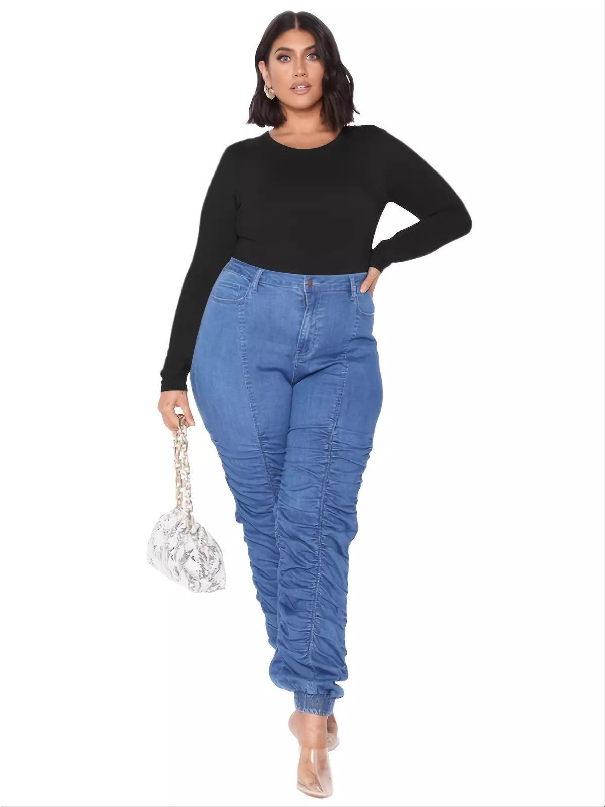 Plus Size Solid Basic Long Sleeve Medium Stretch Round Neck Bodysuit, Women's Plus Basic Slim Fit Bodysuit-Black
