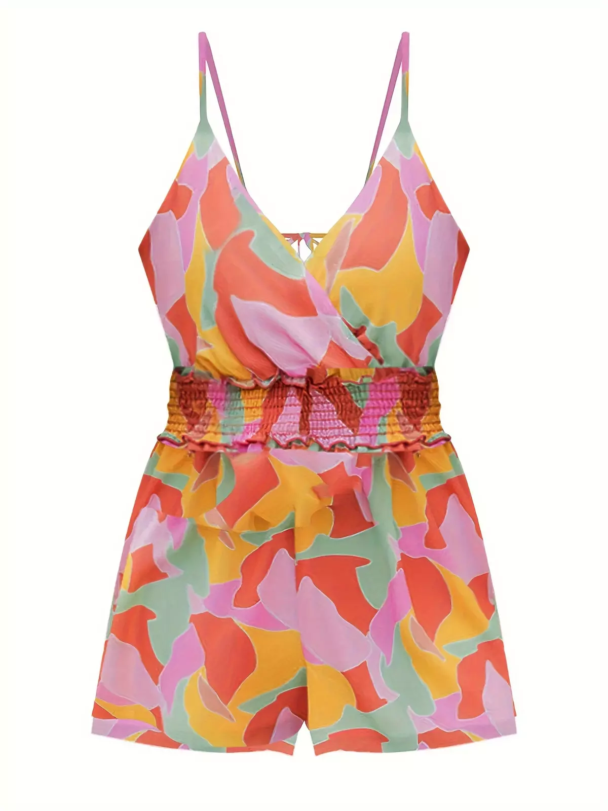 Floral Print Spaghetti Strap Romper Jumpsuit, Vacation Shirred Waist With Pocket Sleeveless Slim Romper Jumpsuit, Women's Clothing