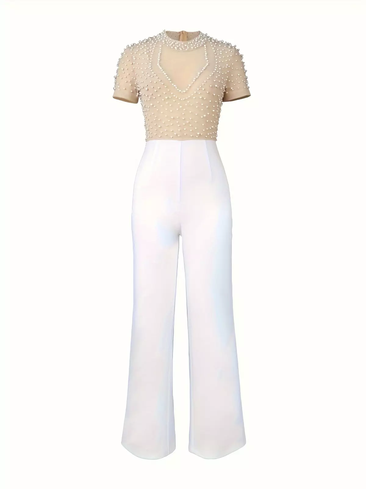 Beaded Color Block Wide Leg Jumpsuit, Elegant Short Sleeve High Waist Jumpsuit, Women's Clothing-Black