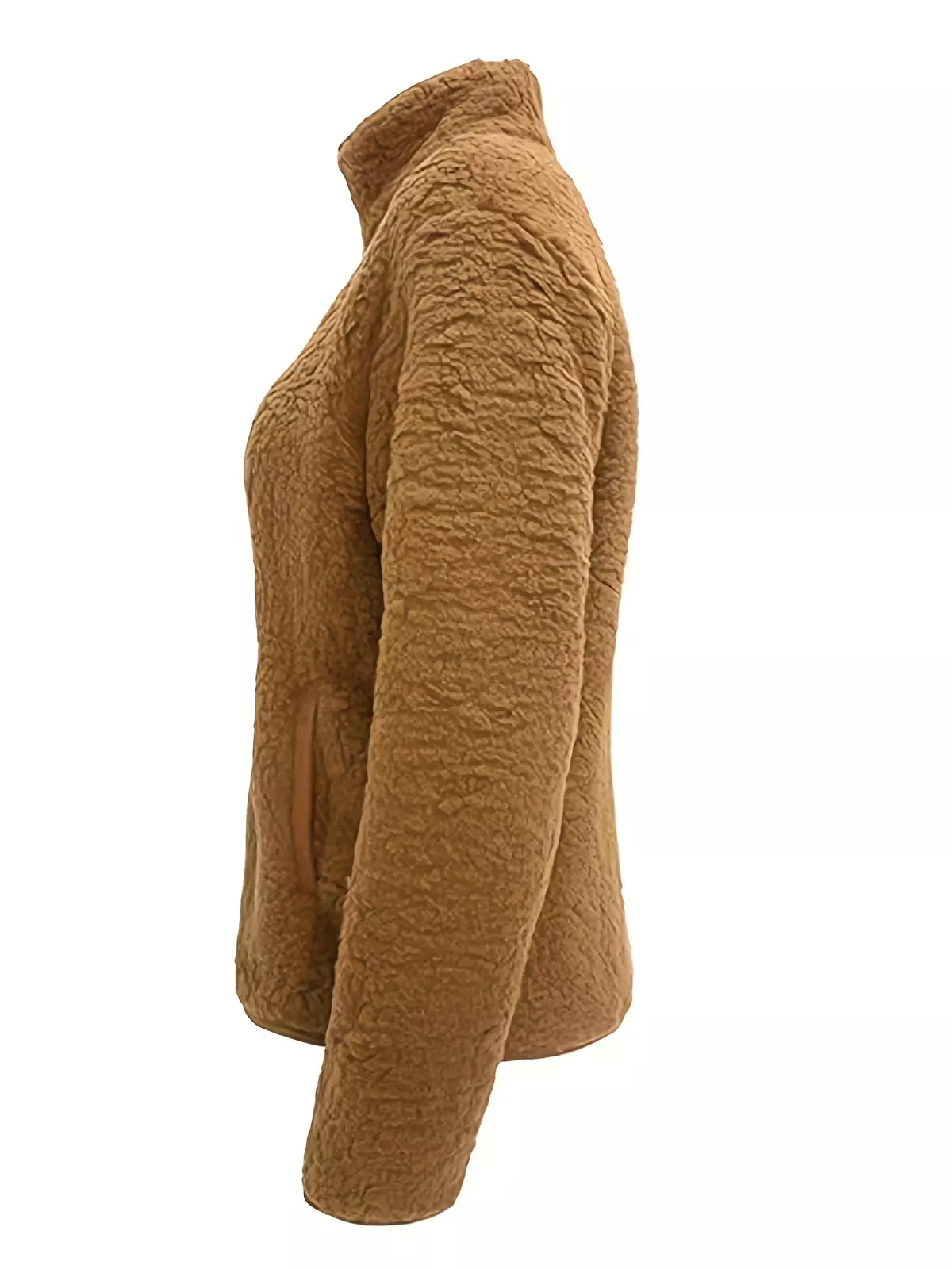 Zip Up Solid Teddy Jacket, Casual Long Sleeve Stand Collar Warm Outerwear, Women's Clothing-Khaki