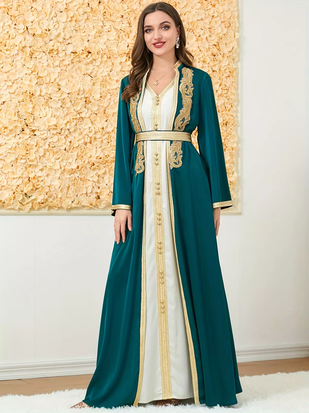 Ramadan Elegant Two-piece Dress Set, Open Front Long Sleeve Cardigan & V Neck Maxi Length Dress Outfits, Women's Clothing