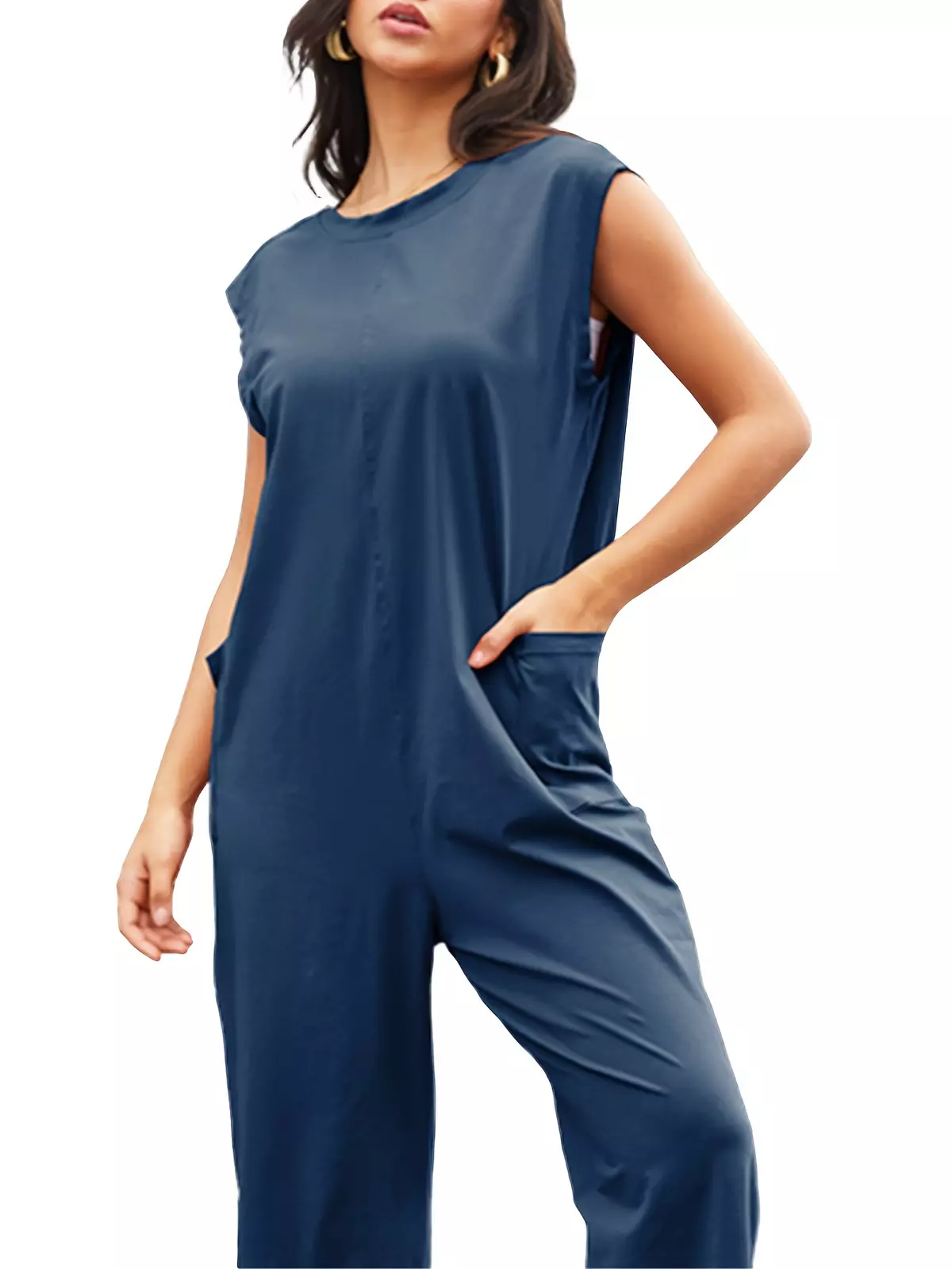 Solid Color Long Length Jumsuit, Casual Sleeveless Loose Jumpsuit With Pocket, Women's Clothing-Navy Blue