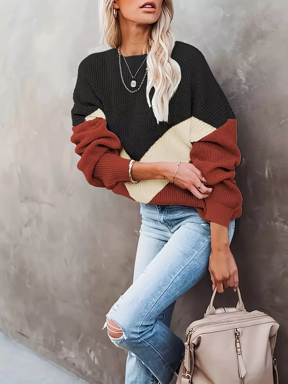 Plus Size Casual Sweater, Women's Plus Colorblock Long Sleeve Round Neck Jumper
