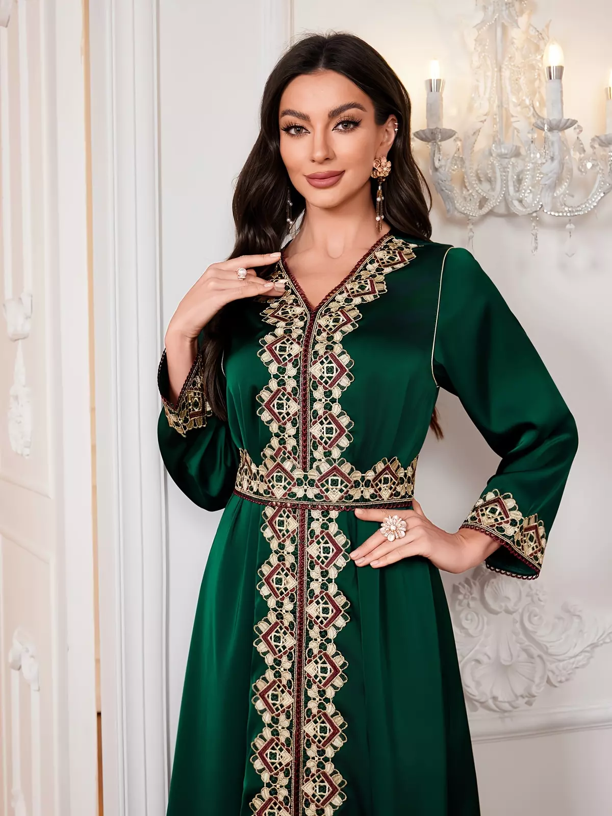 Ramadan Lace Splicing V Neck Kaftan, Elegant Long Sleeve Tie Back Maxi Dress, Women's Clothing