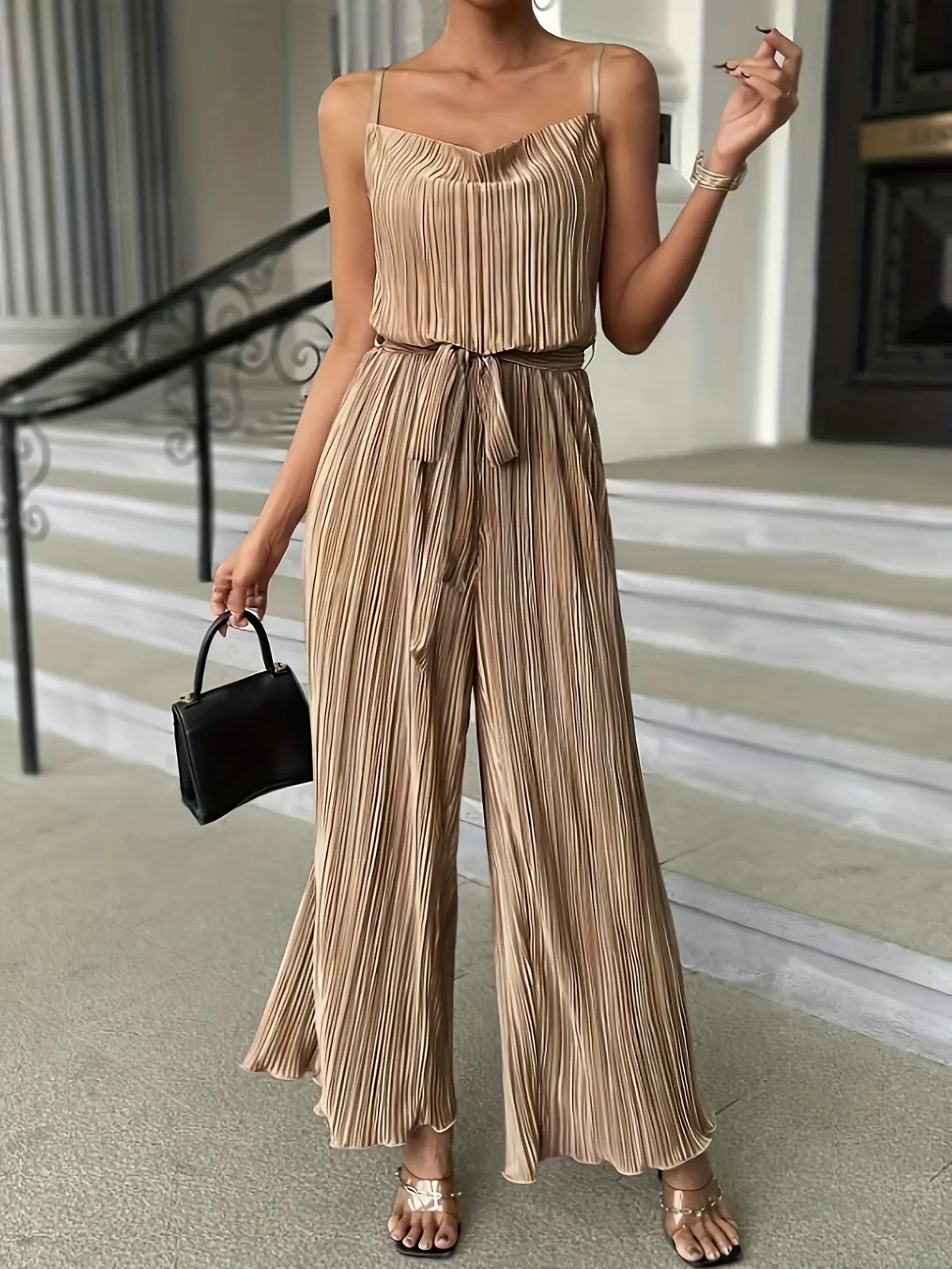 Wide Leg Textured Strap Jumpsuit, Elegant Sleeveless Tied Waist Jumpsuit For Spring & Summer, Women's Clothing