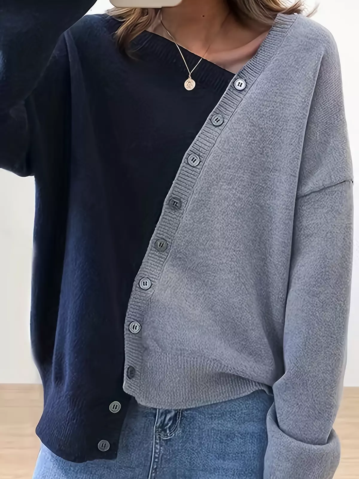 Plus Size Casual Sweater, Women's Plus Colorblock Button Up Long Sleeve Irregular Neck Asymmetrical Hem Jumper