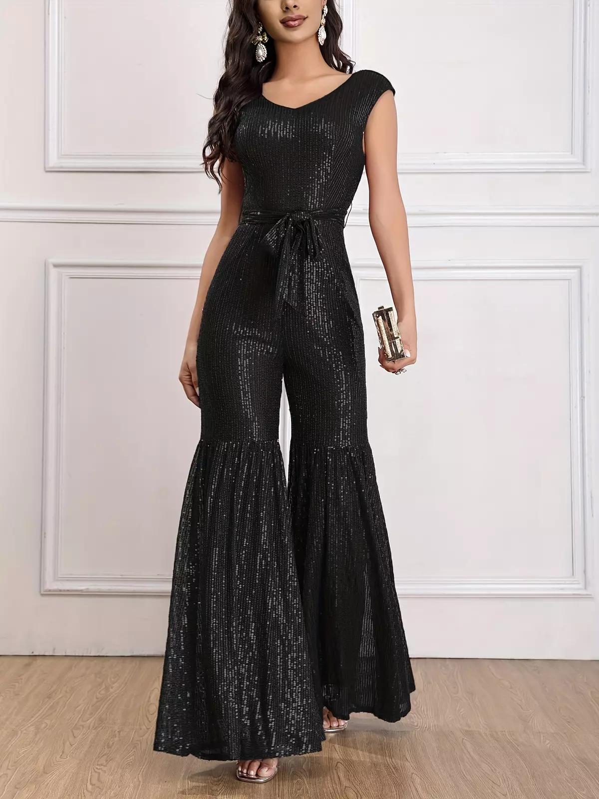 Elegant Sequin-Embellished Jumpsuit for Women - V-Neck with Comfort Stretch, Lace-Up Sleeveless Design, Flared Leg - Ideal for Spring/Fall-Burgundy