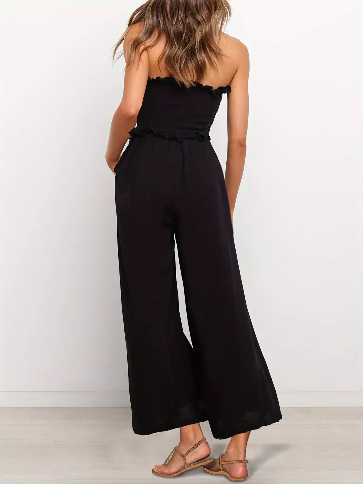 Solid Color Wide Leg Tube Jumpsuit, Casual Strapless Ruffle Trim Jumpsuit With Pocket, Women's Clothing